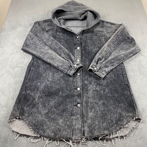 Thrill Jeans Womens 3X Denim Jacket Gray Acid Wash Hooded Raw Hem Button Up